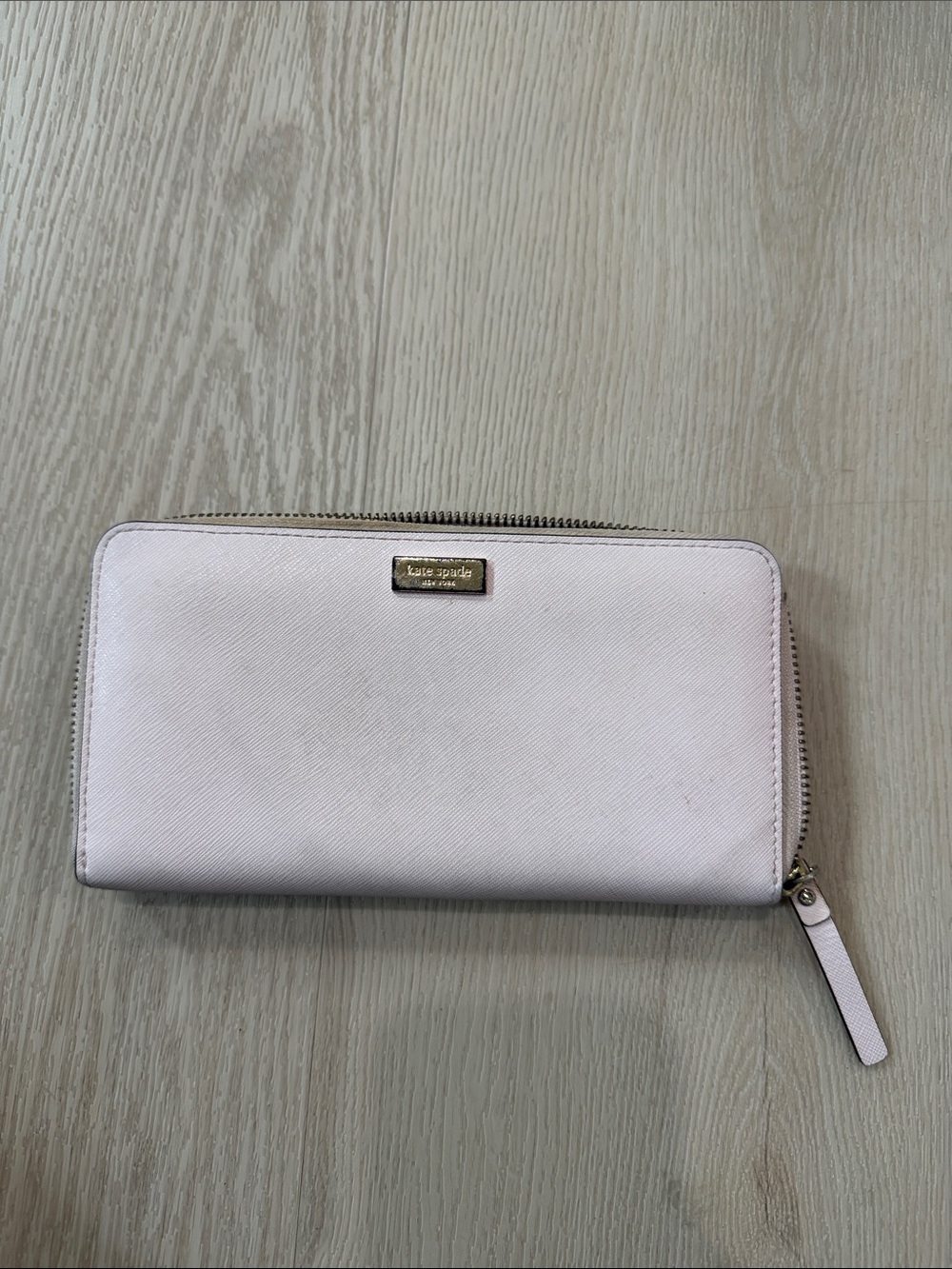 kate spade Blush Zip-Around Saffiano Wallet with Gold Plaque